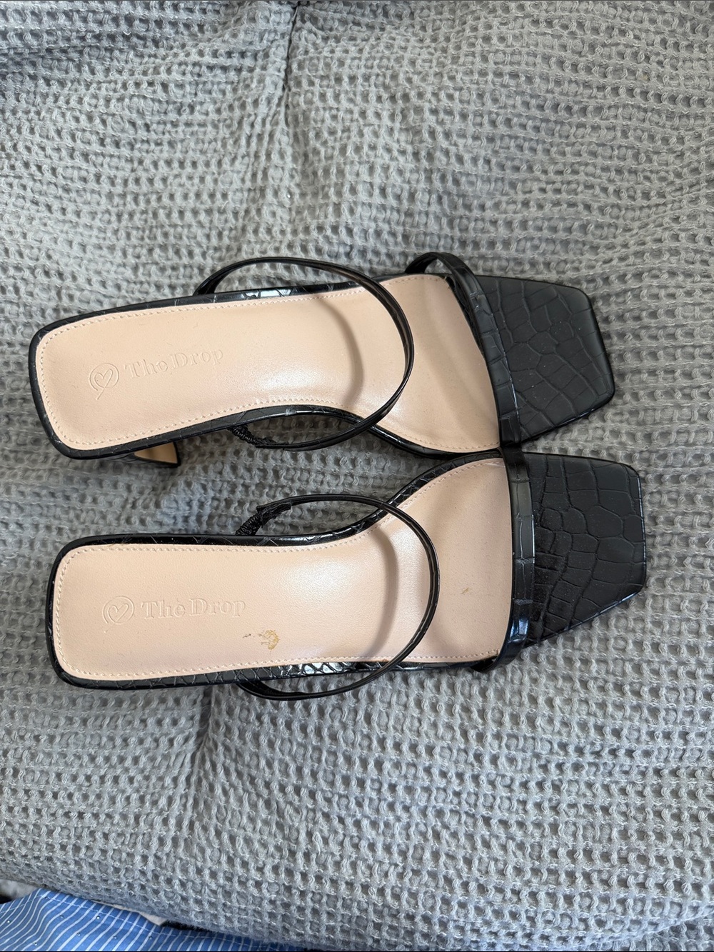Black Croc-Embossed Square-Toe Kitten Heel Sandals